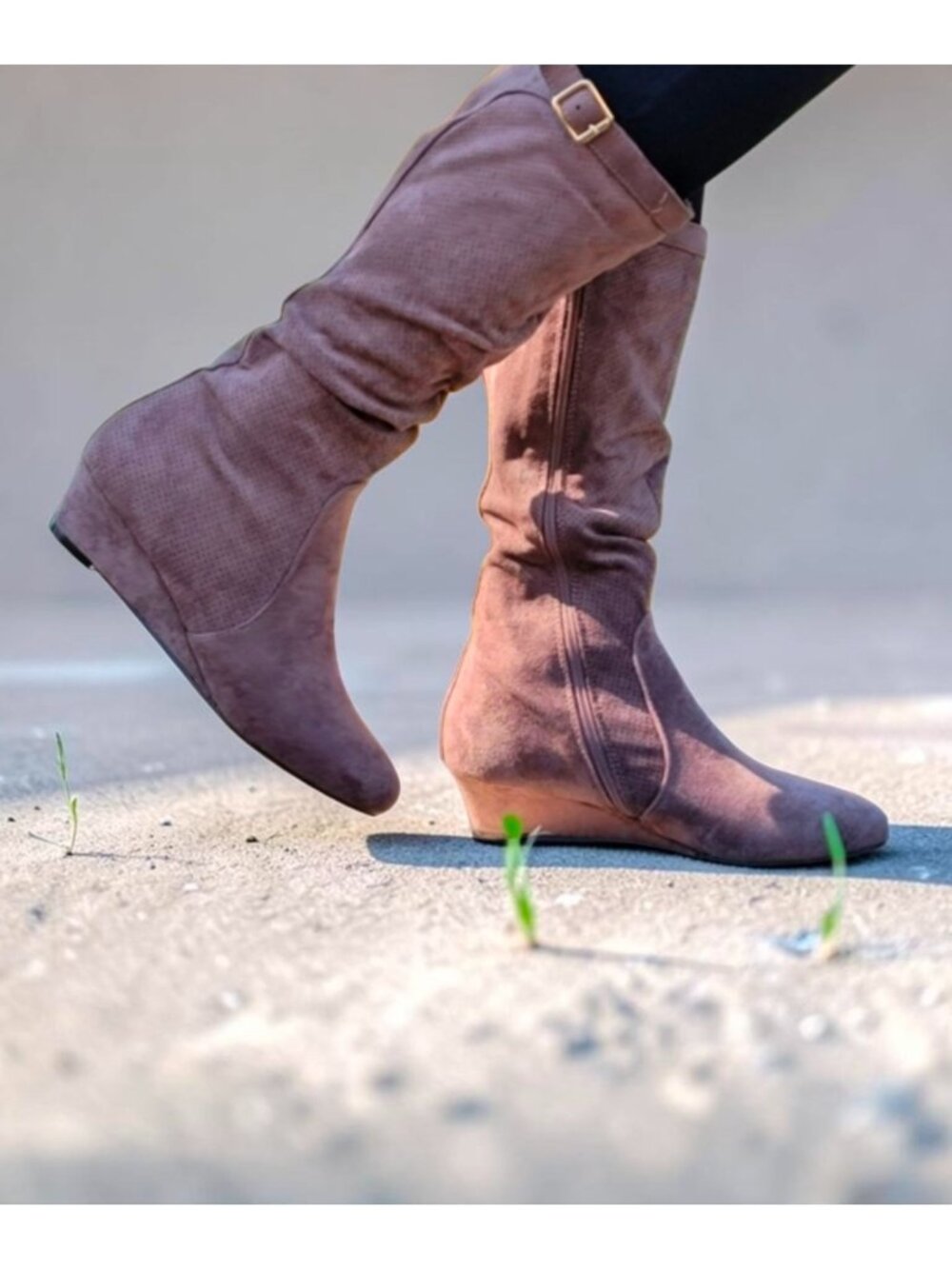 Taupe Knee-High Wedge Suede Boots With Buckle Detail Side Zipper And Textured Fi